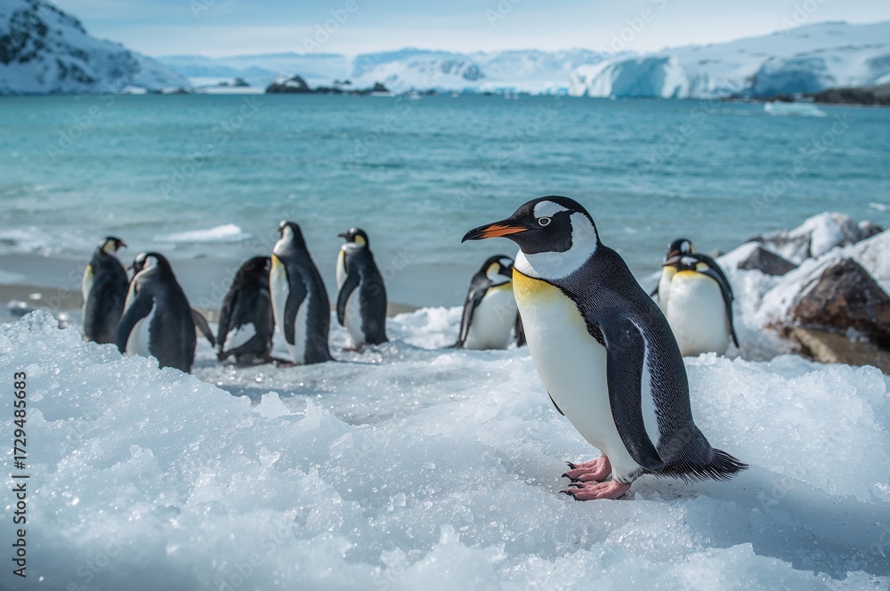 Fototapeta premium Pygoscelis papua penguins resting on icy slopes