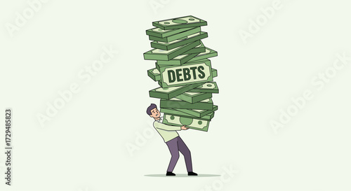 Man Struggling Under Heavy Stack of Debt Money