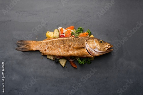 Crispy sea bass fillet serv...