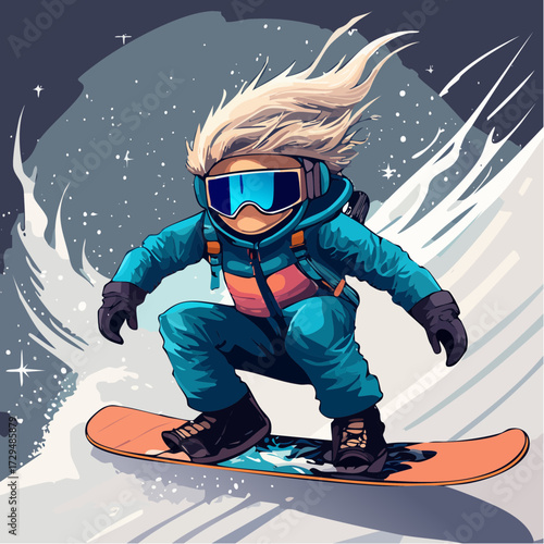 subzero snowboard rebel wind-tangled scribble hair neon magenta eyes goggled shred action winter sports mascot for game assets stickers apparel and extreme sports promotions