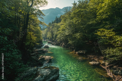 Lush mountain valley surrou...