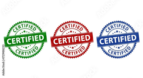 Variety of Certified Seals in Red Green and Blue Colors on White Background Demonstrating Qualification and Approval