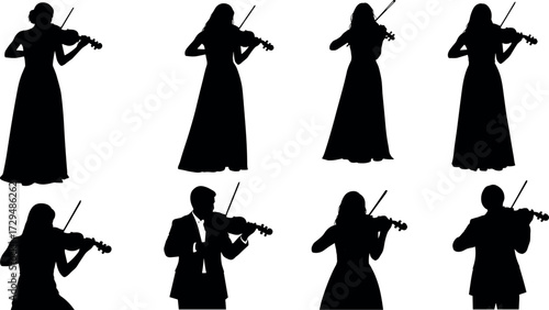 Silhouette orchestra of violinists performing in formal attire, classical music ensemble playing string instruments in elegant concert posture