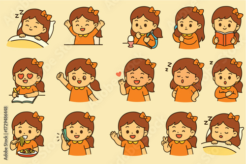 Cartoon girl sticker pack with 15 daily routine poses,