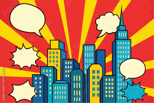 Comic book style cityscape with skyscrapers and speech bubbles