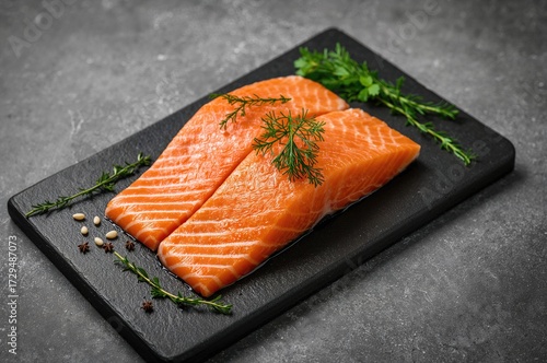 Fresh salmon cuts placed on...