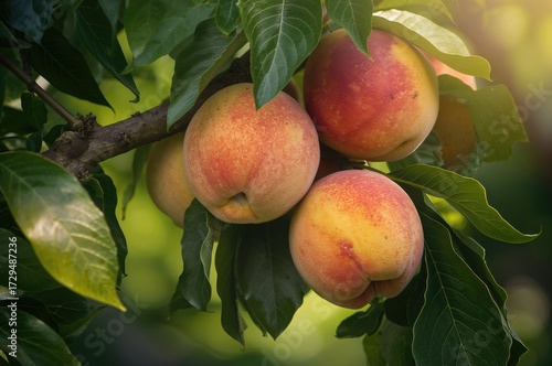 Ripe peaches hanging from b...