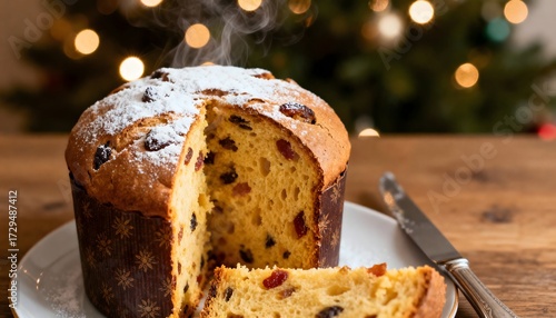Traditional Italian panettone with powdered sugar and dried fruits on a plate, cut open with a slice served, symbolizing Christmas celebrations, family gatherings and holiday traditions