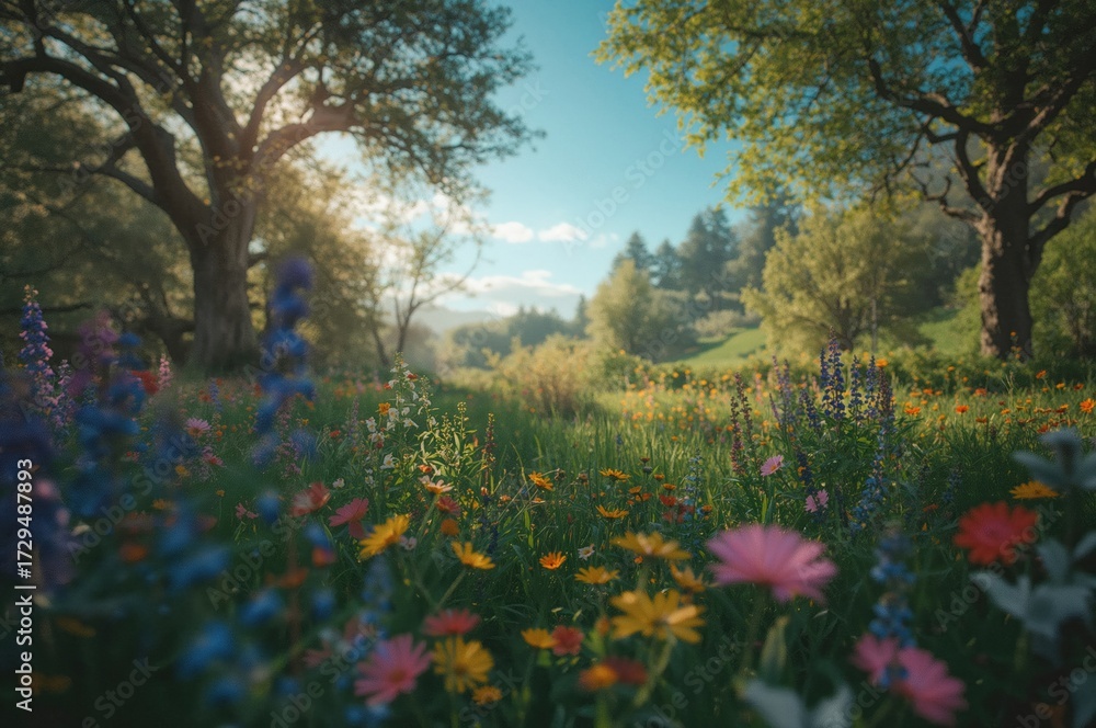 Naklejka premium Springtime blossoms and lush greenery with trees and leaves outdoors