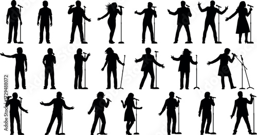 Silhouettes of 20 singers performing with microphone stands in dynamic poses, ideal for music, concert, and entertainment vector themes.