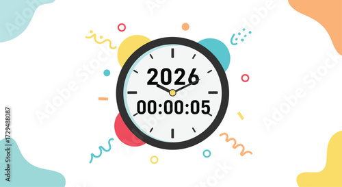 New Year Countdown Clock Showing 2026 and Five Seconds Remaining