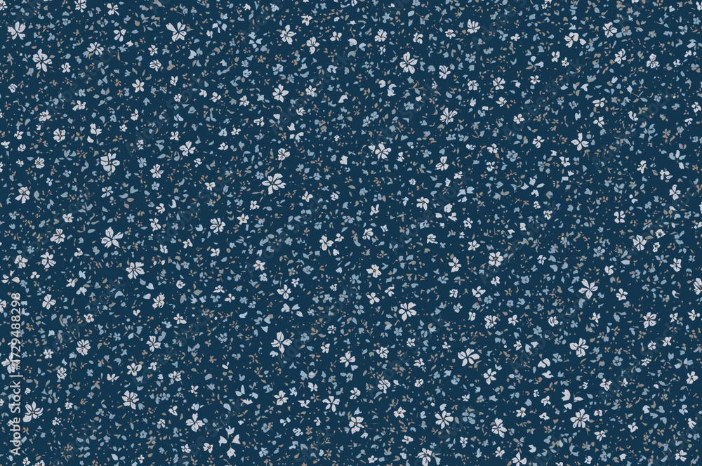 Obraz premium Seamless vector pattern featuring delicate small blossoms with a charming floral design on a dark blue background. Stylish textile print with light blue tiny flowers.