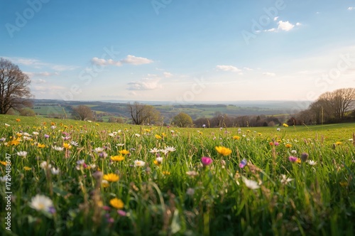 Lush Meadow with Blossoms a...