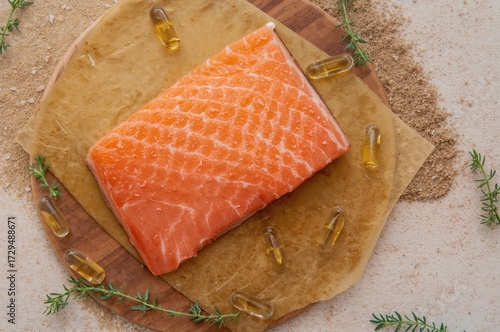 Raw salmon fillet and fish ...