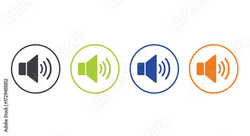 Four Circular Speaker Icons in Different Colors Representing Sound Volume Levels and Audio Output Options