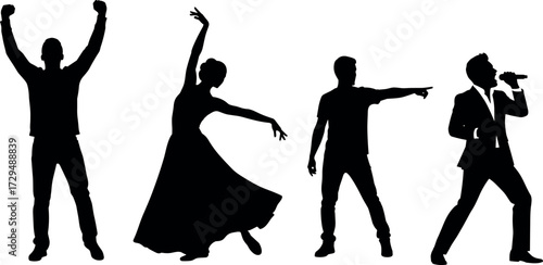 Silhouettes of expressive people performing dance, celebration, singing, and gesture in black on white background for artistic vector design