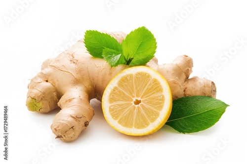 Fresh ginger with leaves an...