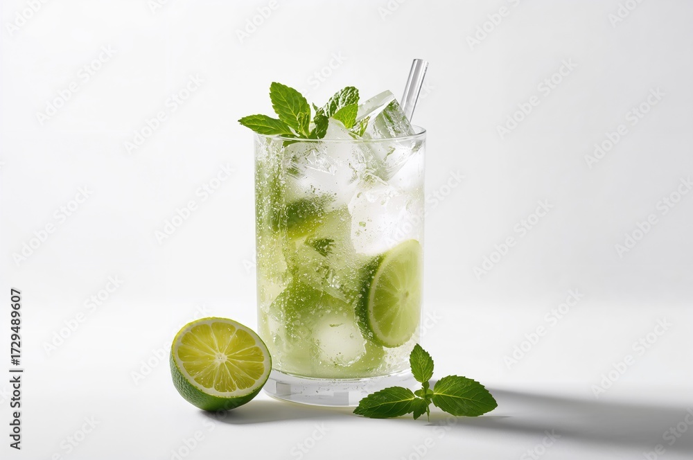 Fototapeta premium Refreshing Mojito cocktail with ice, mint, and lime on a white surface alongside fresh lime and mint leaves
