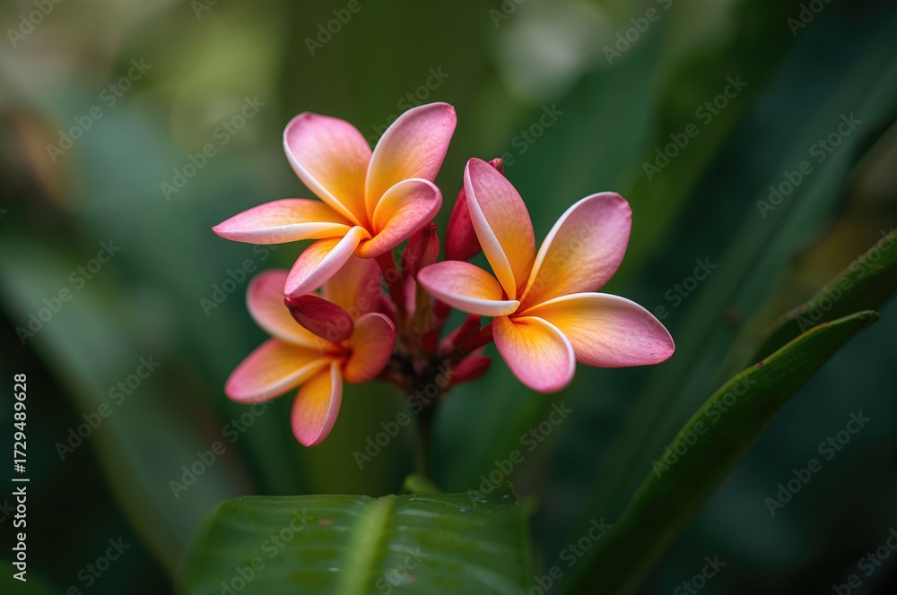 Fototapeta premium Tranquil spa atmosphere inspired by Plumeria blossoms, emphasizing calm and nature connection (Selective focus)
