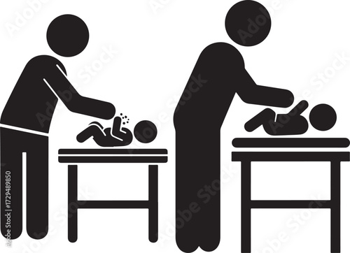 Two stick figures changing a baby on a table silhouette isolated on white background