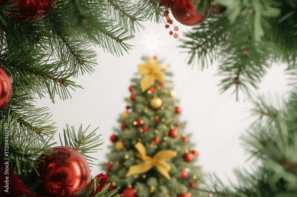 Fototapeta premium Festive red ornament and fir twigs set against a white backdrop with a star and yellow ribbon