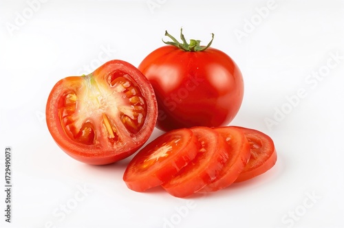 Ripe tomato sliced and halved on a white backdrop