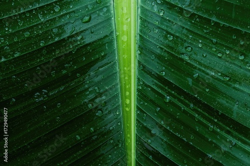 A banana leaf glistening wi...