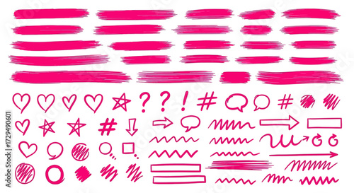 Collection of Pink Hand Drawn Marker Strokes Hearts Stars Question Marks Exclamation Marks Hashtags Speech Bubbles Arrows Squiggles and Geometric Shapes for Design and Illustration Purposes
