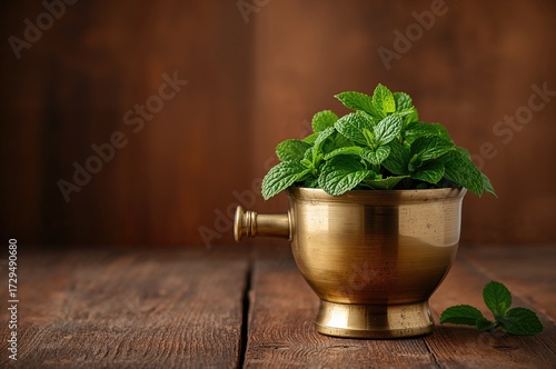 Green mint leaves in a meta...