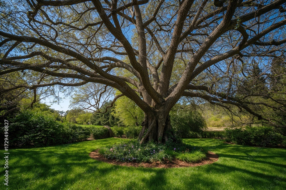 Fototapeta premium Lush garden beneath a towering tree