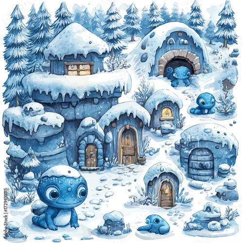 Slovenian Winter Creatures, watercolor drawing vector, isolated on a white background.