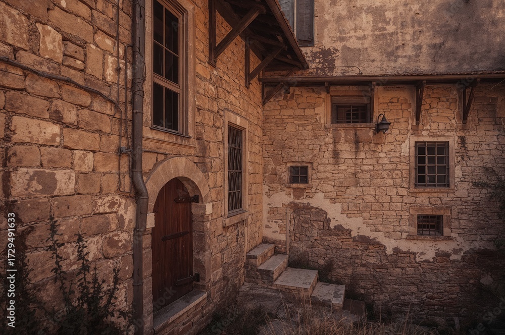 Fototapeta premium View of a timber structure featuring a wall, window, and door made of stone in a historic setting