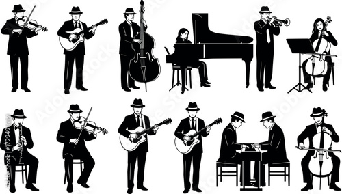 Vintage black and white silhouettes of musicians playing instruments in formal attire, jazz band ensemble performing classic orchestral and solo pieces