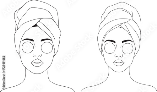 Two women with towels on heads and face masks in silhouette isolated on white background