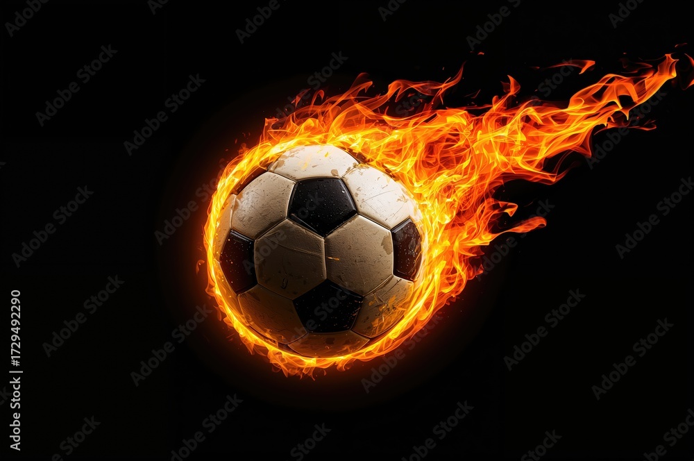 Naklejka premium Blazing soccer ball with fiery glow in the backdrop