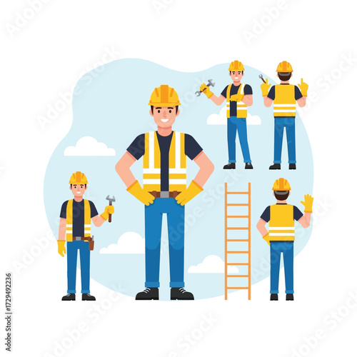 Construction Workers Team in Yellow Vests and Hard Hats Performing Tasks with Tools and Ladder on Cloudy Background