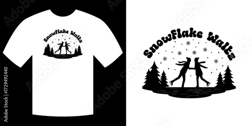 Snowflake Waltz T-shirt Design: A graphic design showcases a minimalist winter scene, featuring silhouettes of two figures waltzing in a snowy landscape under a starlit sky, captured on a t-shirt. 