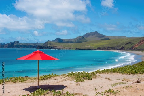 Beach visitors shaded by a ...