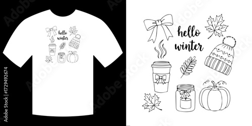 Winter Wonderland Design: An artistic illustration showcasing a captivating design of seasonal elements, perfect for apparel and creative projects, with the words hello winter .