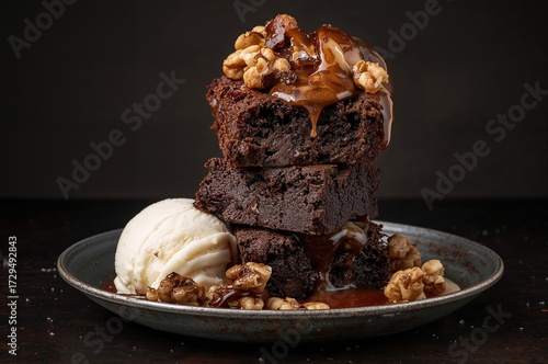 Stack of rich brownies topp...