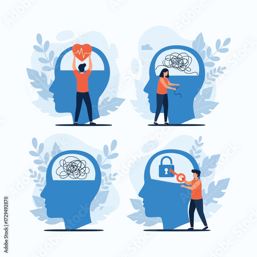 Mental health and wellbeing concepts illustrated through minimalist flat design characters unlocking potential and untangling thoughts to foster positive emotions