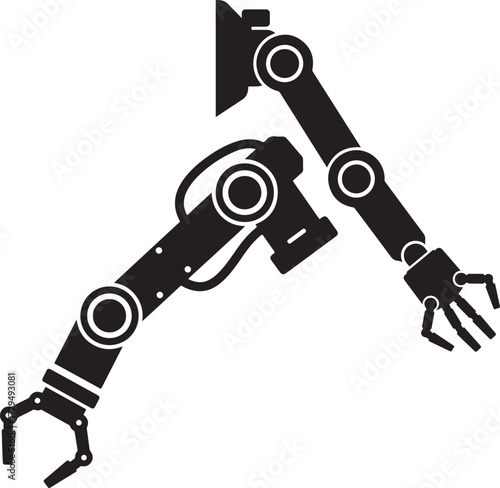 Industrial robotic arms in a dynamic pose industrial automation silhouette isolated on white background