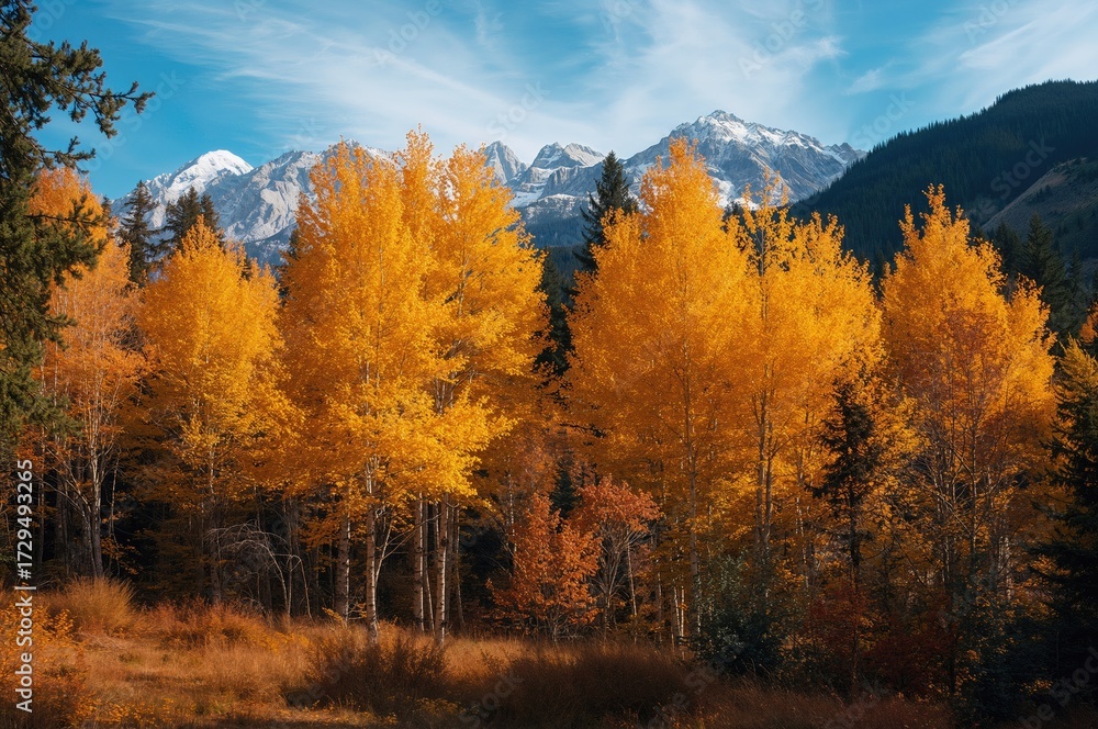 Fototapeta premium Autumnal Golden Larch Forests Amidst Mountainous Terrain