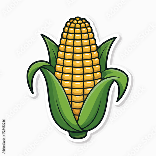 Cartoon corn cob with green leaves isolated on white background vector