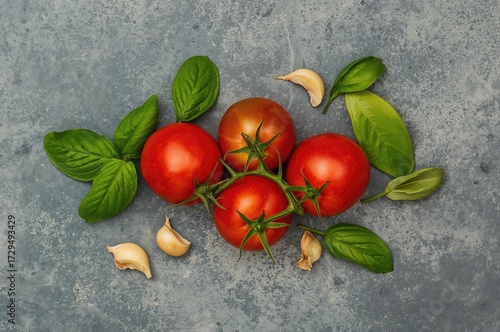Ripe tomatoes, basil leaves...
