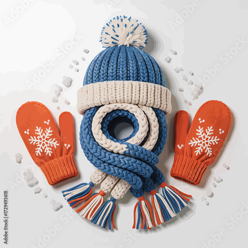 Knitted winter set isolated on white background with hat, scarf and mittens