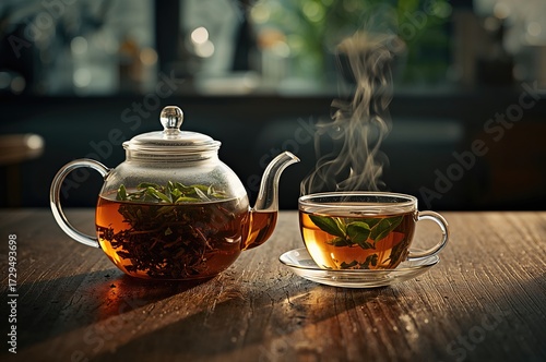 Transparent teapot and herb...