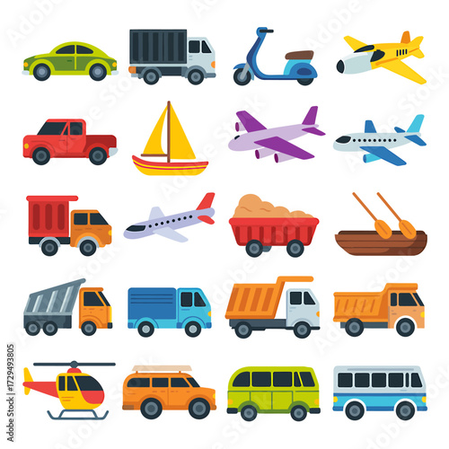 Set of colorful cartoon transport vehicles, isolated on white background