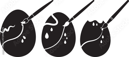 Three stylized eggs being painted with brushes in a silhouette style isolated on white background