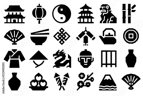 Icon pack, Icon sheet, Chinese theme, silhouette version with straight line style